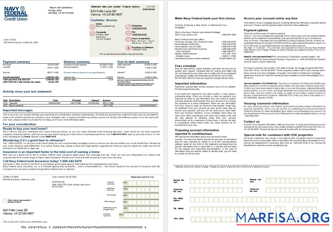 Blank USA Navy Federal bank mortgage statement in Word and PDF formats, 2 pages real example